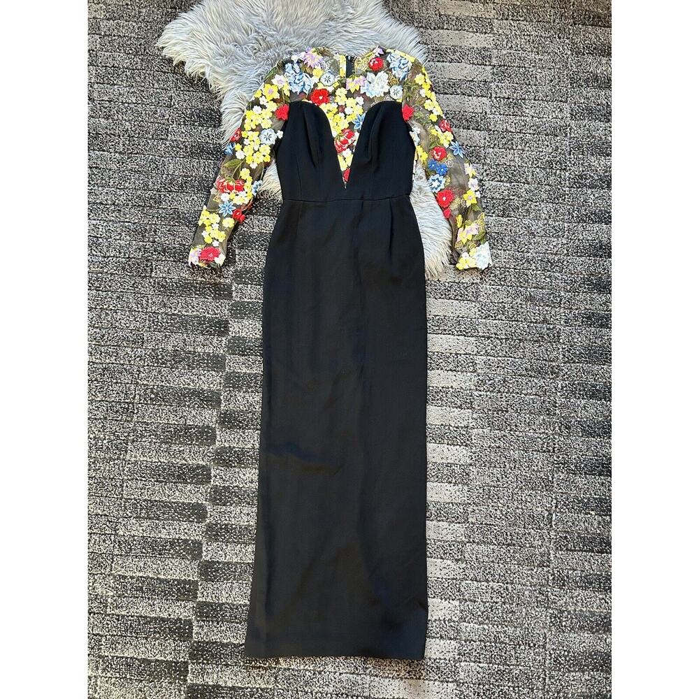 Lucian Matis Plunge V-Crepe Gown W/Embroidered Contrast SZ 6 (MSRP‎ $1686)